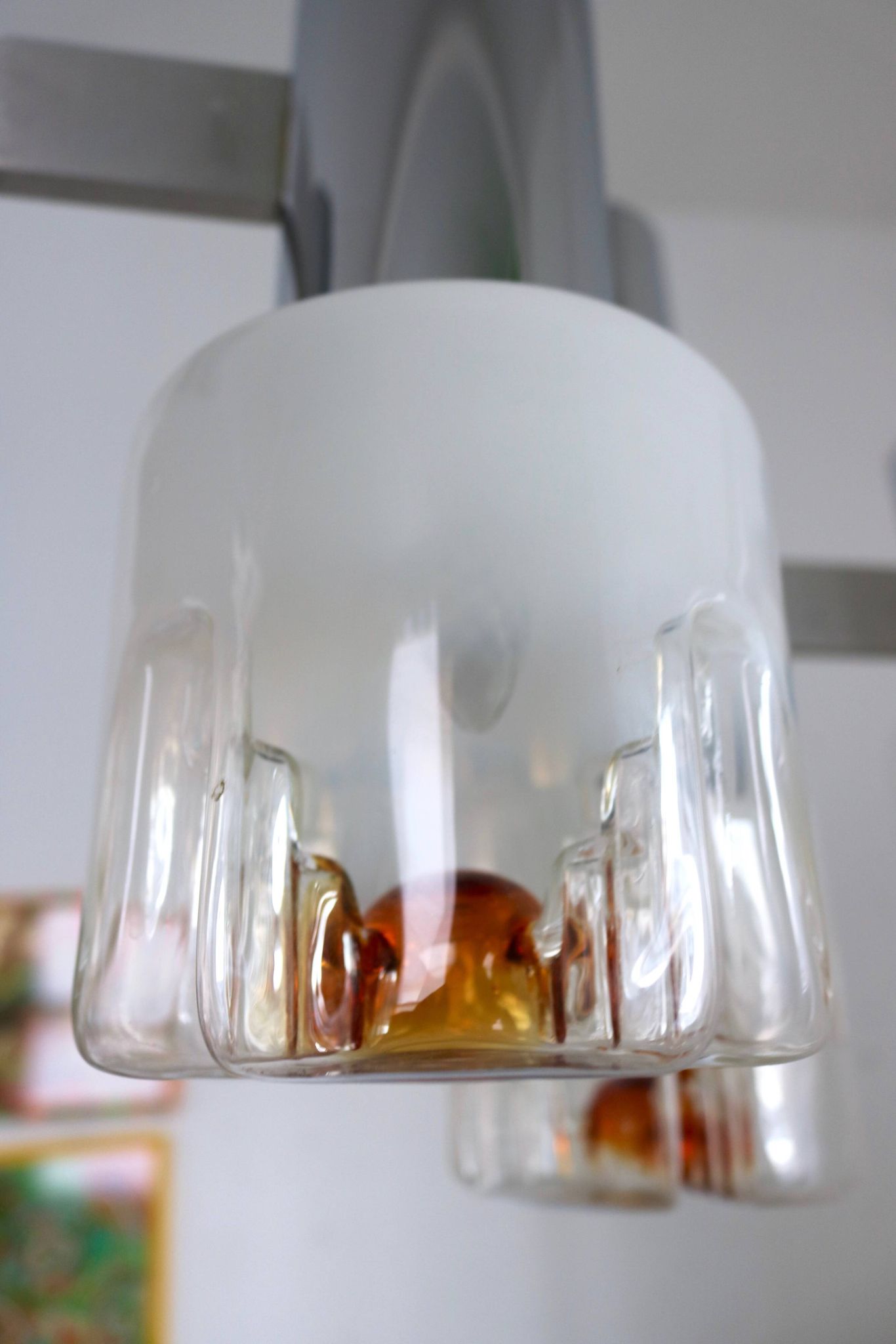 Three-Arm Blown Glass and Metal Chandelier Produced by Mazzega,
