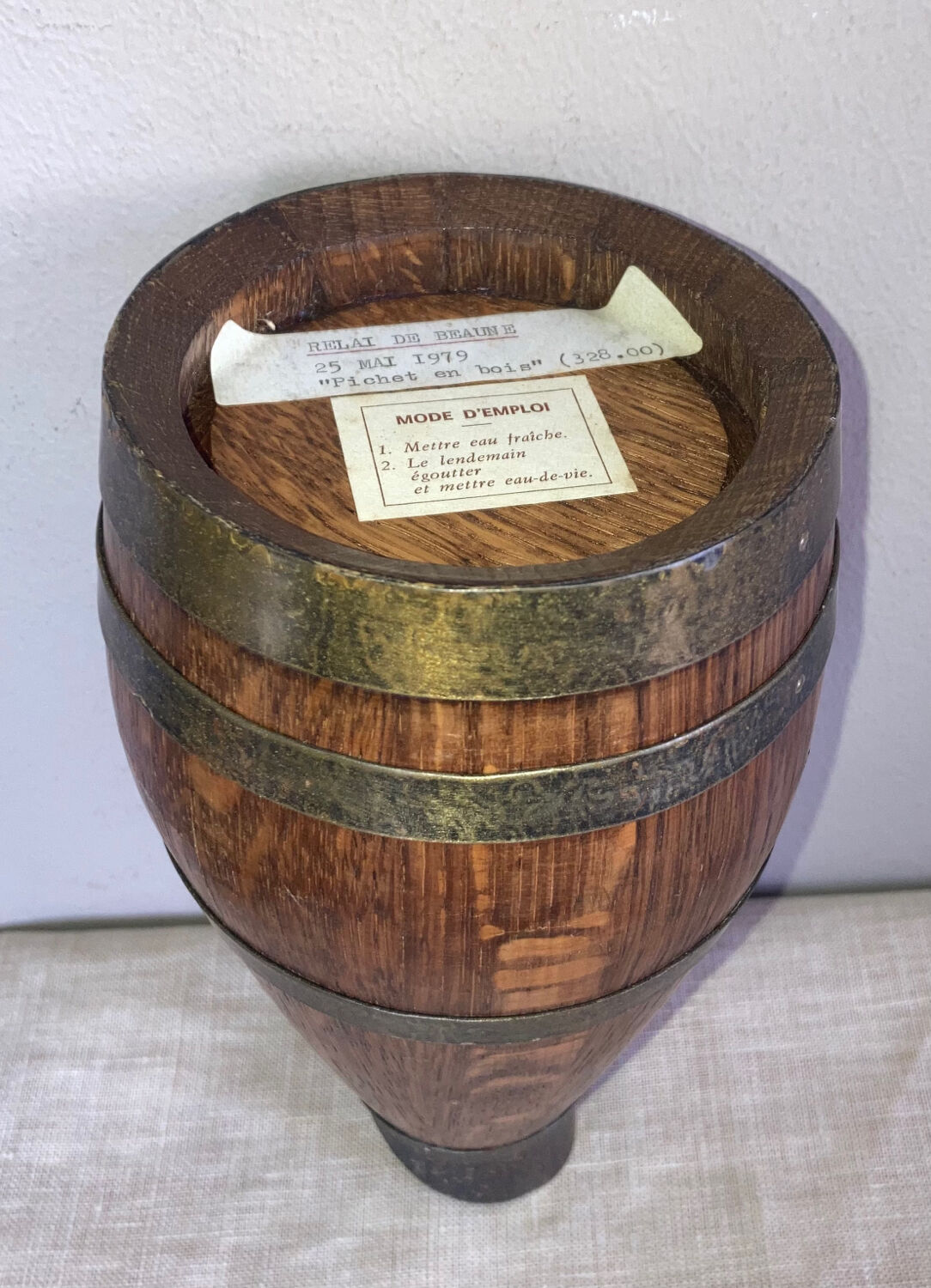 Beaune brandy pitcher in solid oak with brass rims 1970s