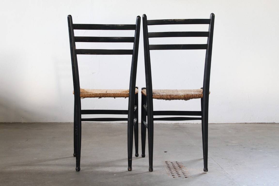 Vintage set of 8 Italian papercord black dining chairs, woven seat, 1950s