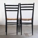 Vintage set of 8 Italian papercord black dining chairs, woven seat, 1950s