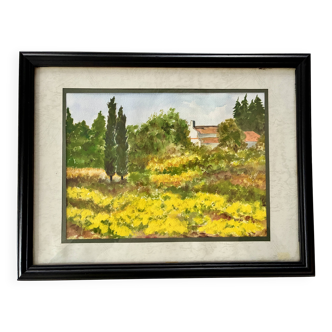 Watercolour painting of rapeseed fields in Provence.