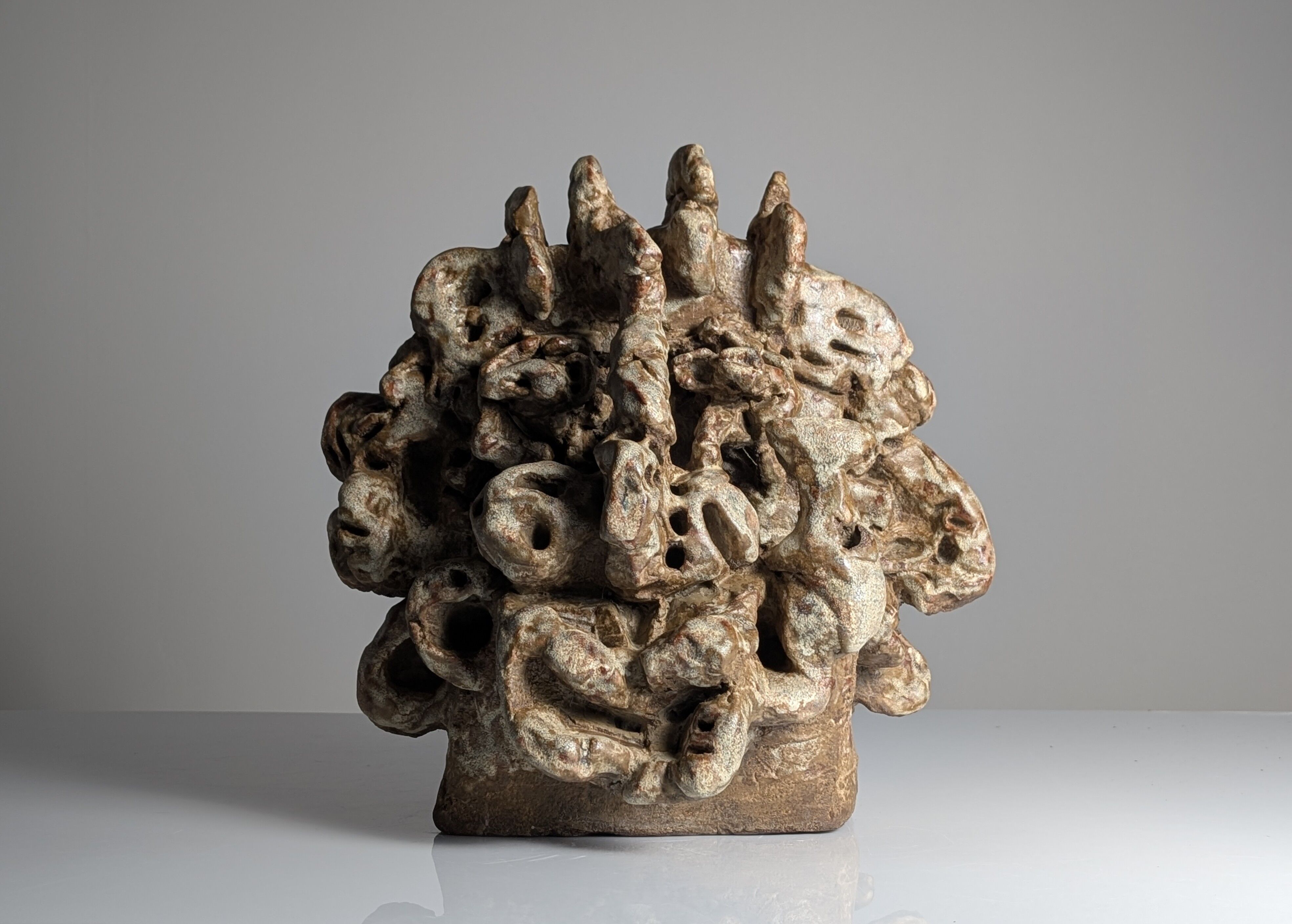 Large organic glazed stoneware sculpture with coral shapes, signed, 2002