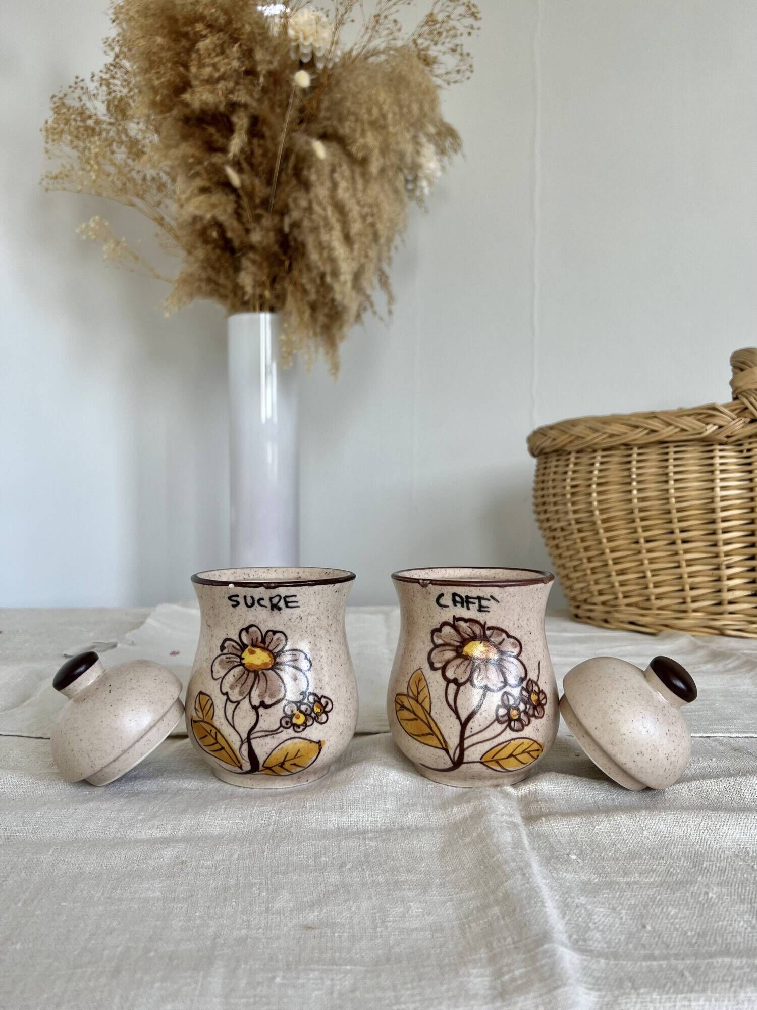 Set of 2 vintage ceramic sugar and coffee condiment pots with stoneware effect