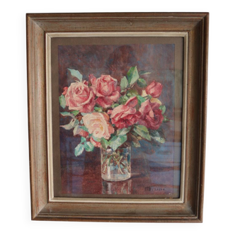 Framed watercolour of roses, signed.