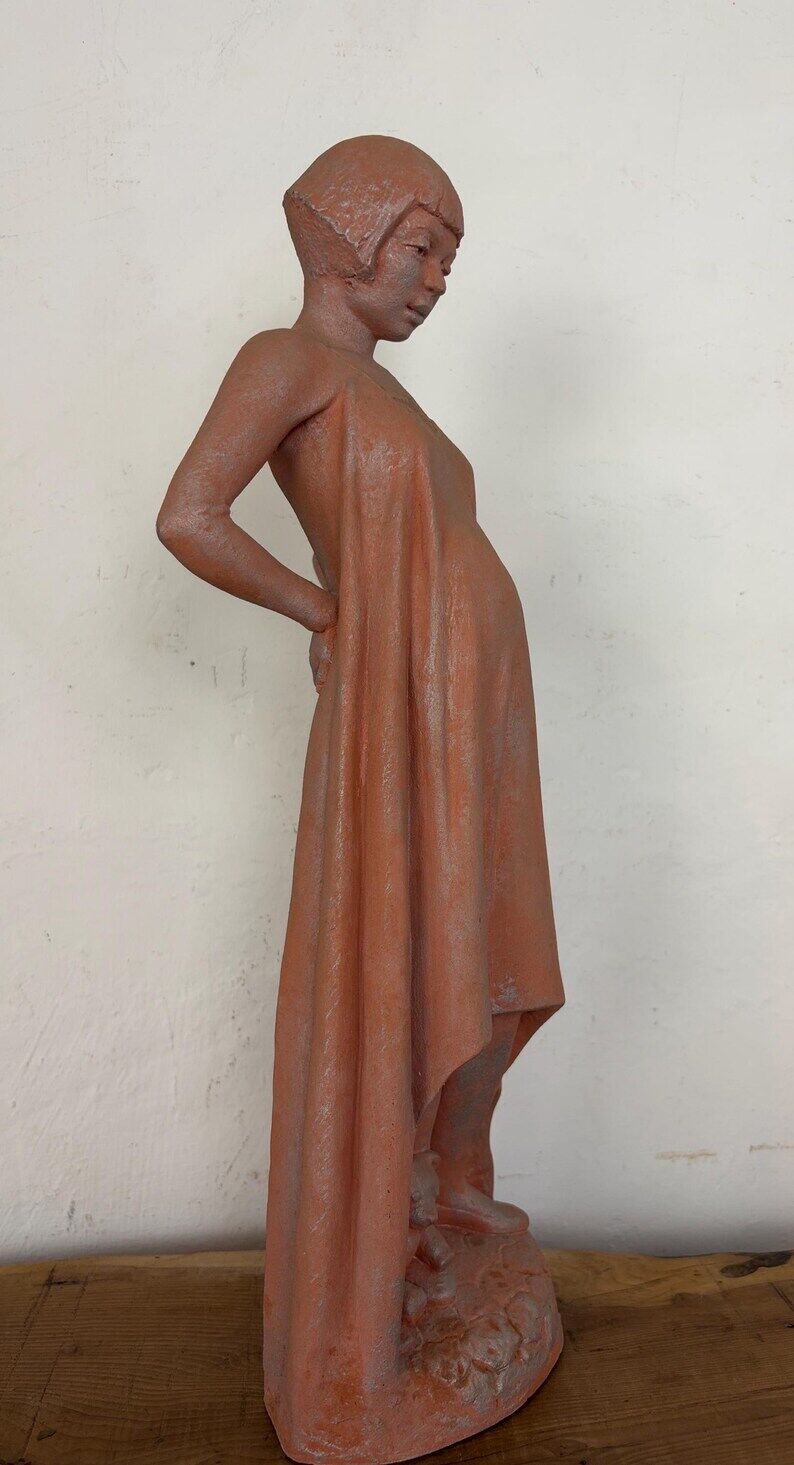 Vintage Terracotta Pregnant Woman Sculpture – Mid-Century Style Maternity Art Figurine
