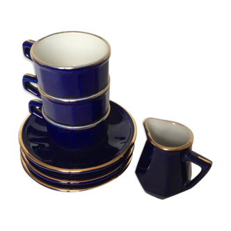 Set of 3 cups, saucers and a navy blue milk jug in Delaunay porcelain