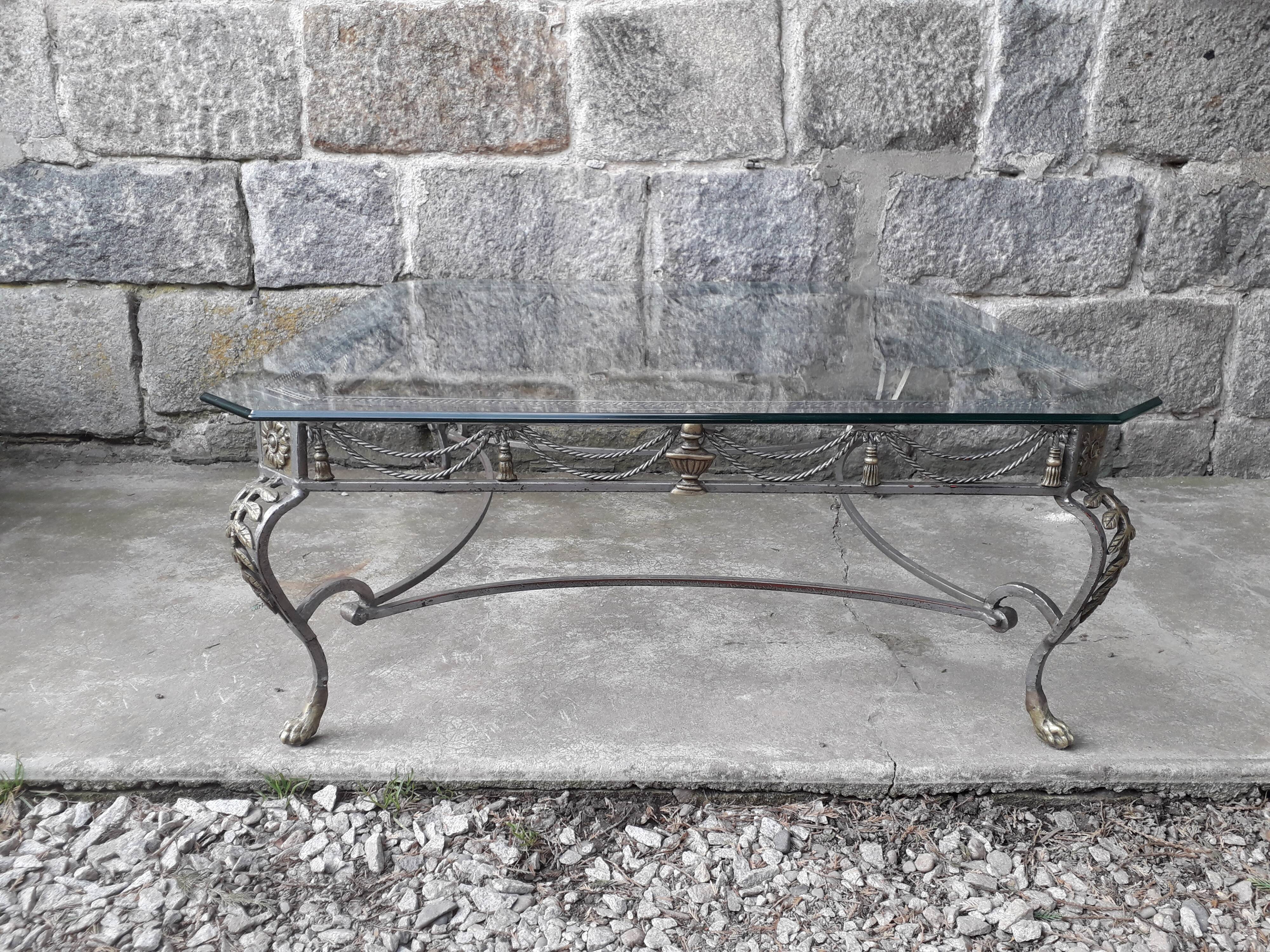 Large coffee table, wrought iron footing glass tray