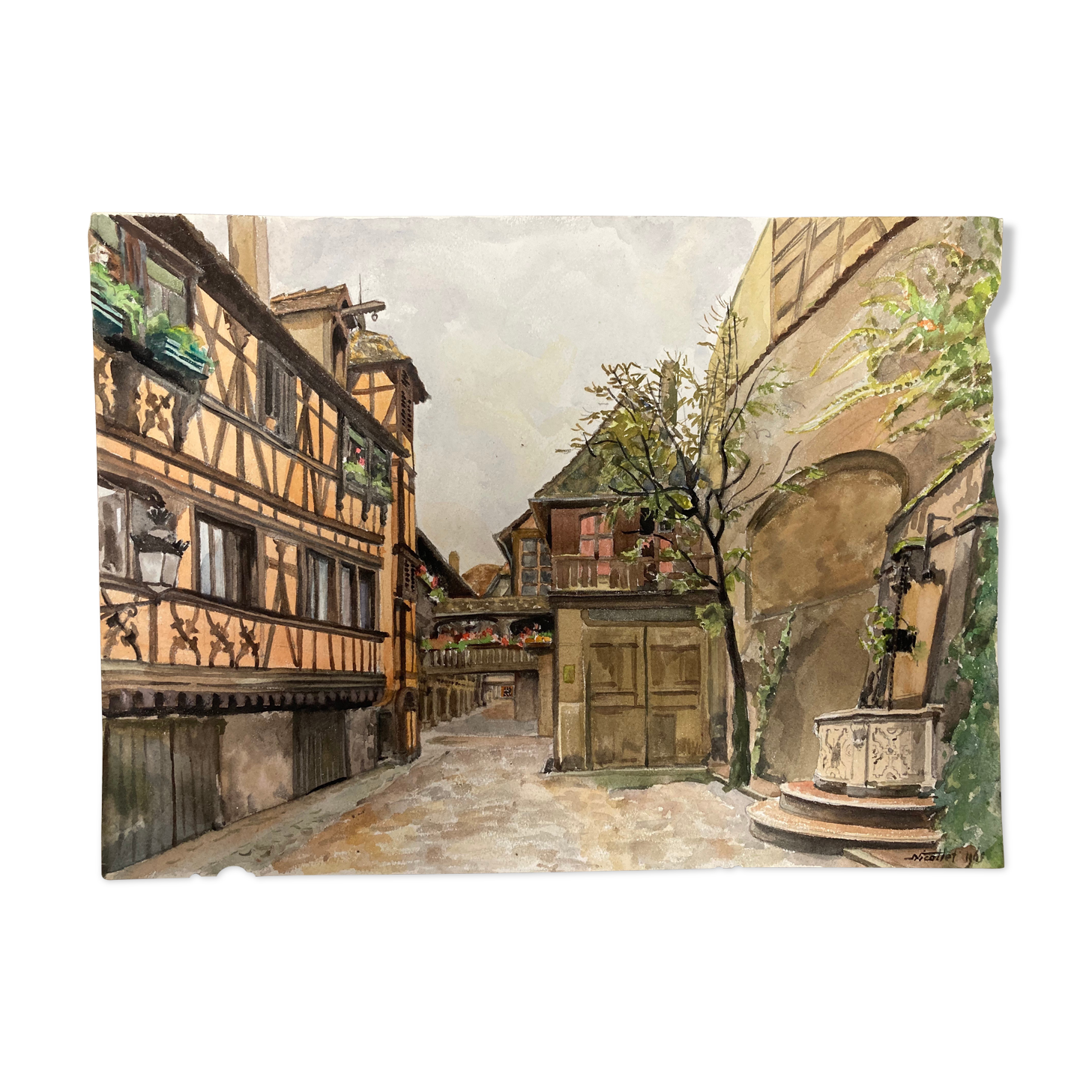 Watercolor vintage village view