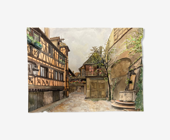 Aquarelle vue de village vintage