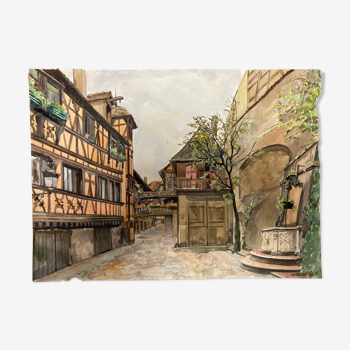 Watercolor vintage village view