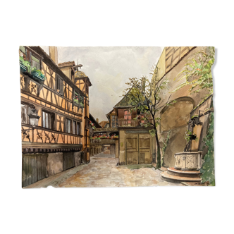 Watercolor vintage village view