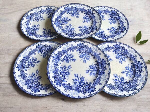 6 assiettes plates faïence Creil et Montereau fin 19ème décor Flora