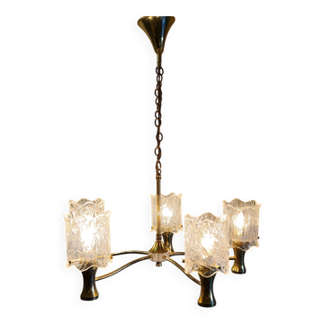 Lustre 5 feux en laiton doré et perspex - années 60/70