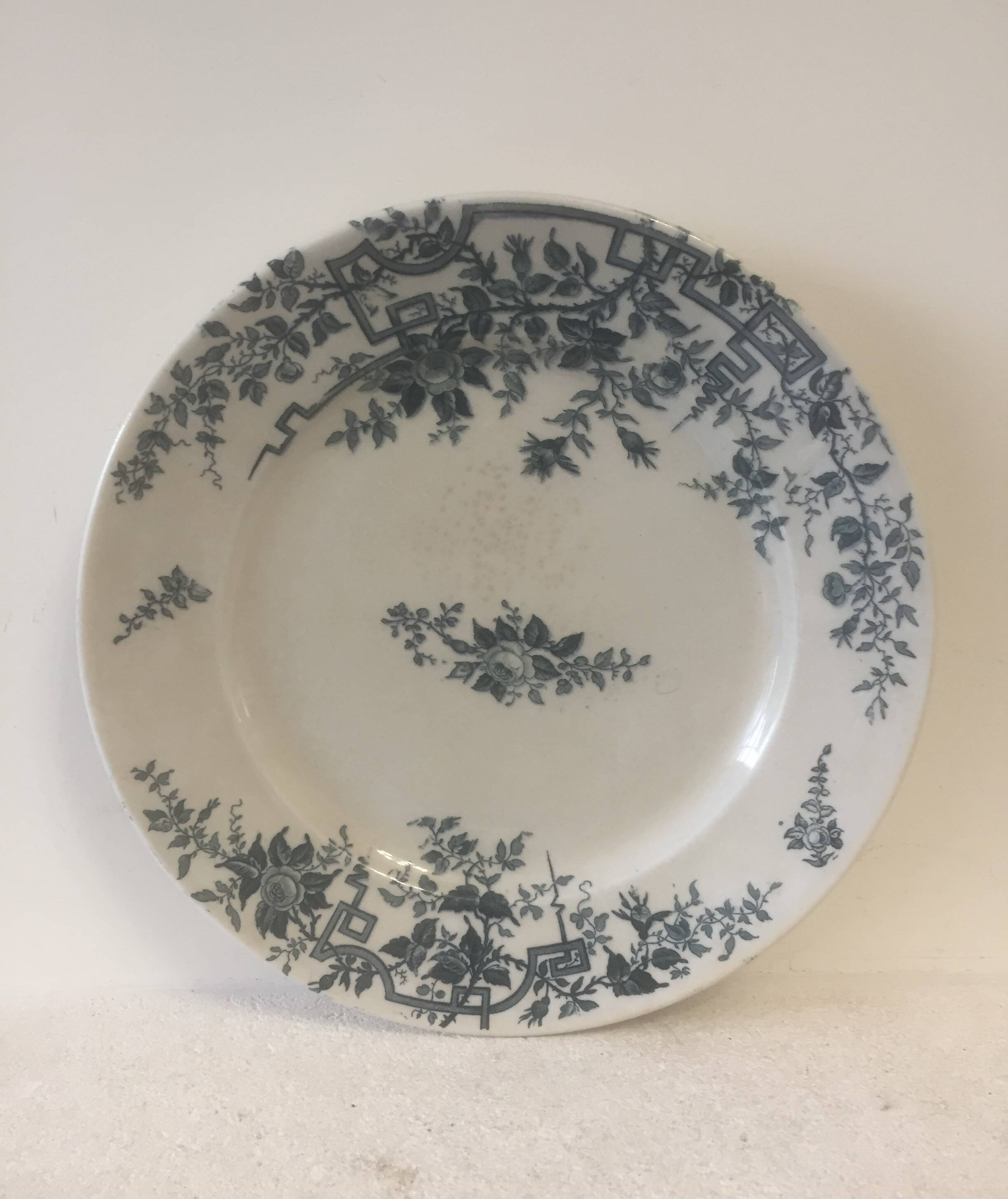 10 assiettes plates en terre de fer, Badonviller TF ( Théophile Fenel ) "Roses"- XIXème siècle