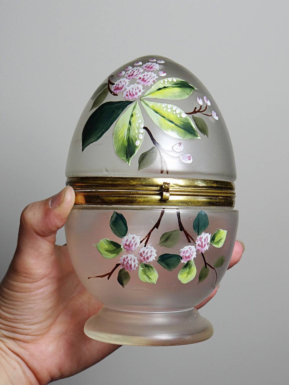 Antique 19th-20th century frosted enamelled glass and brass egg box