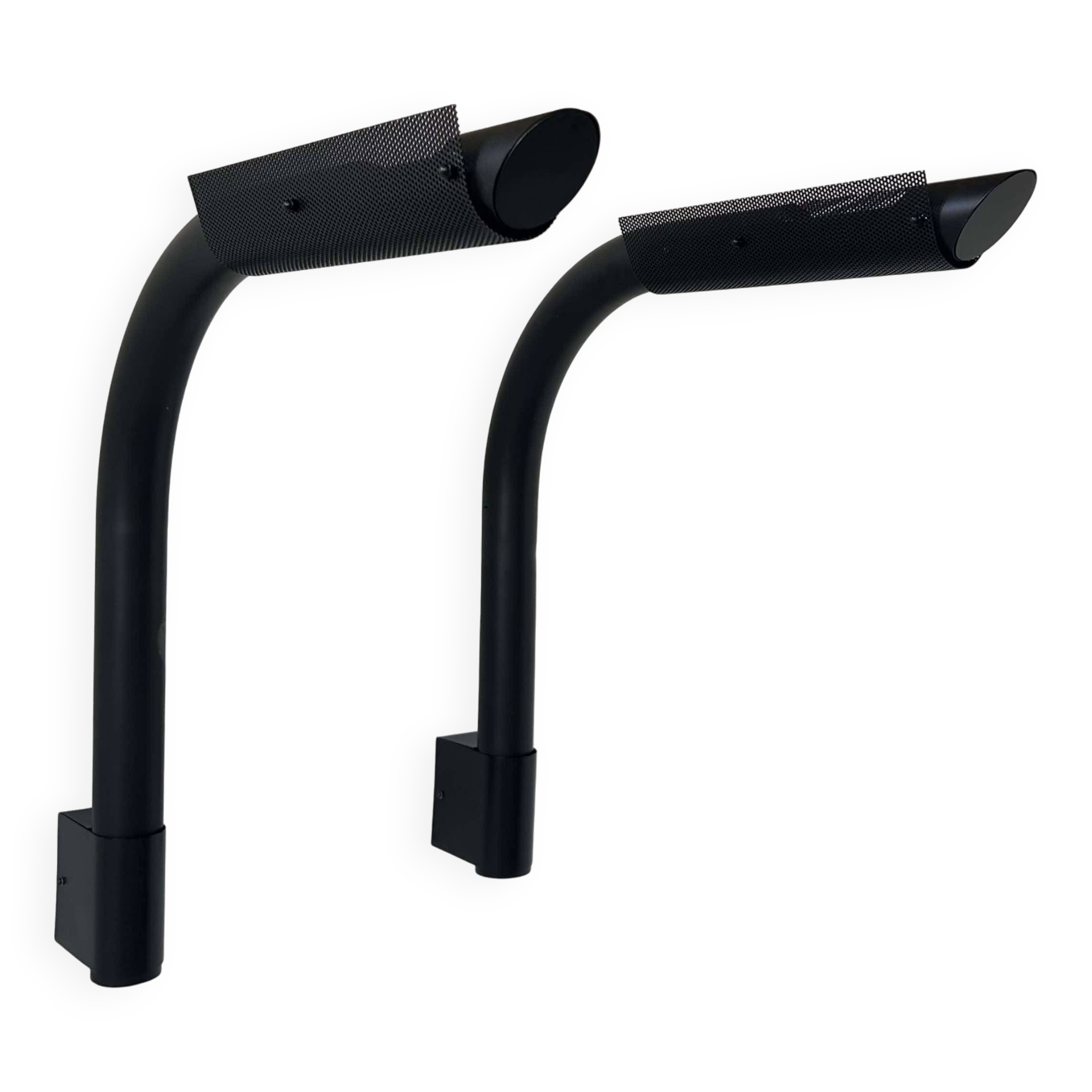 Pair of vintage wall lights, tubular and perforated black metal, Parscot France 1980