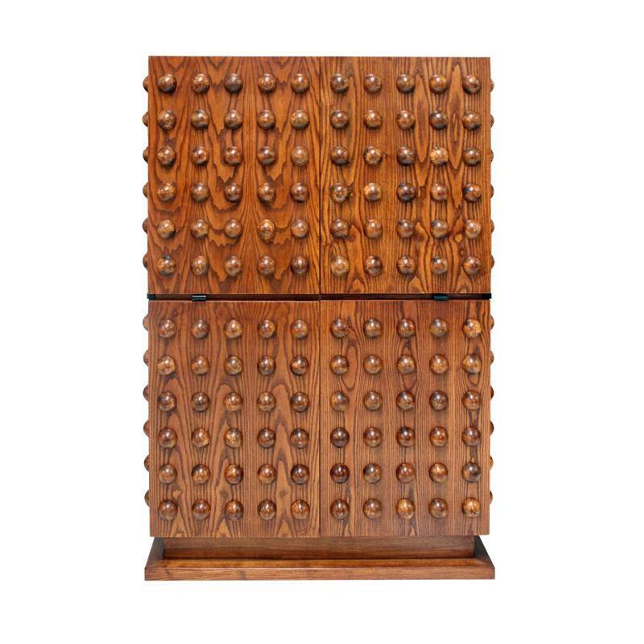 Italian brutalist-style bar made of wood and glass, drinks cabinet.
