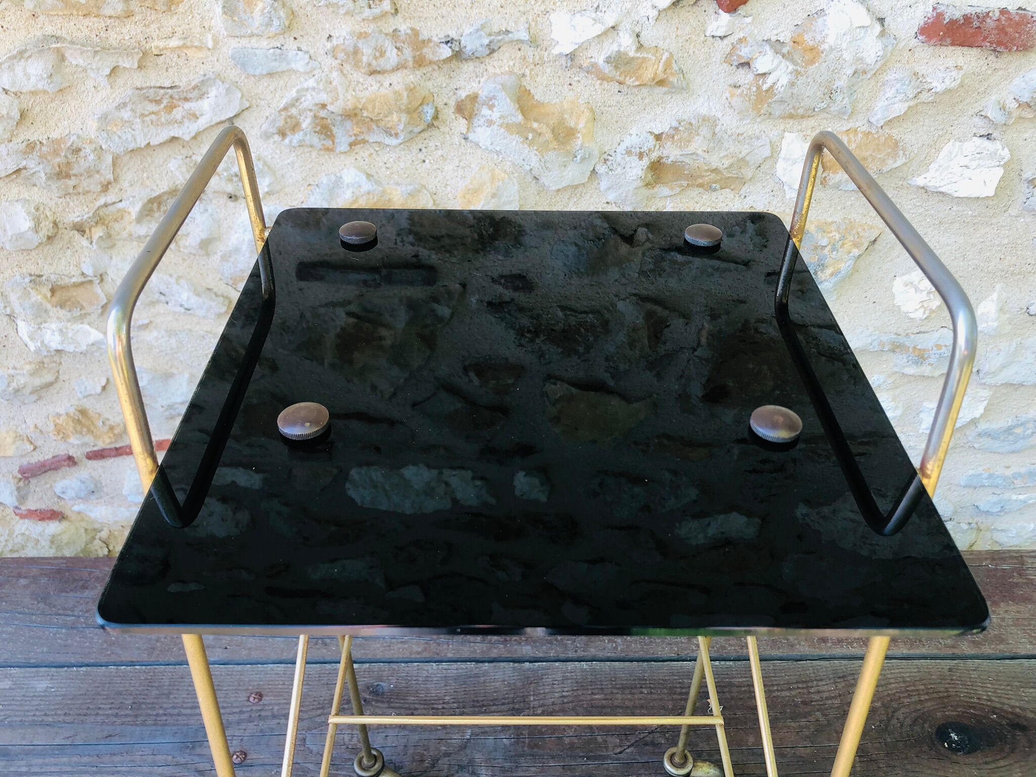 Vintage side table in brass and smoked glass, 1960