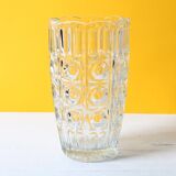 Vintage Solid Heavy Clear Hand Pressed Glass Flower Vase / Italy / 1960s