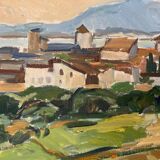 Peinture à l’huile de paysage impressionniste suédois du milieu du 20e siècle « Marbella » années 1960