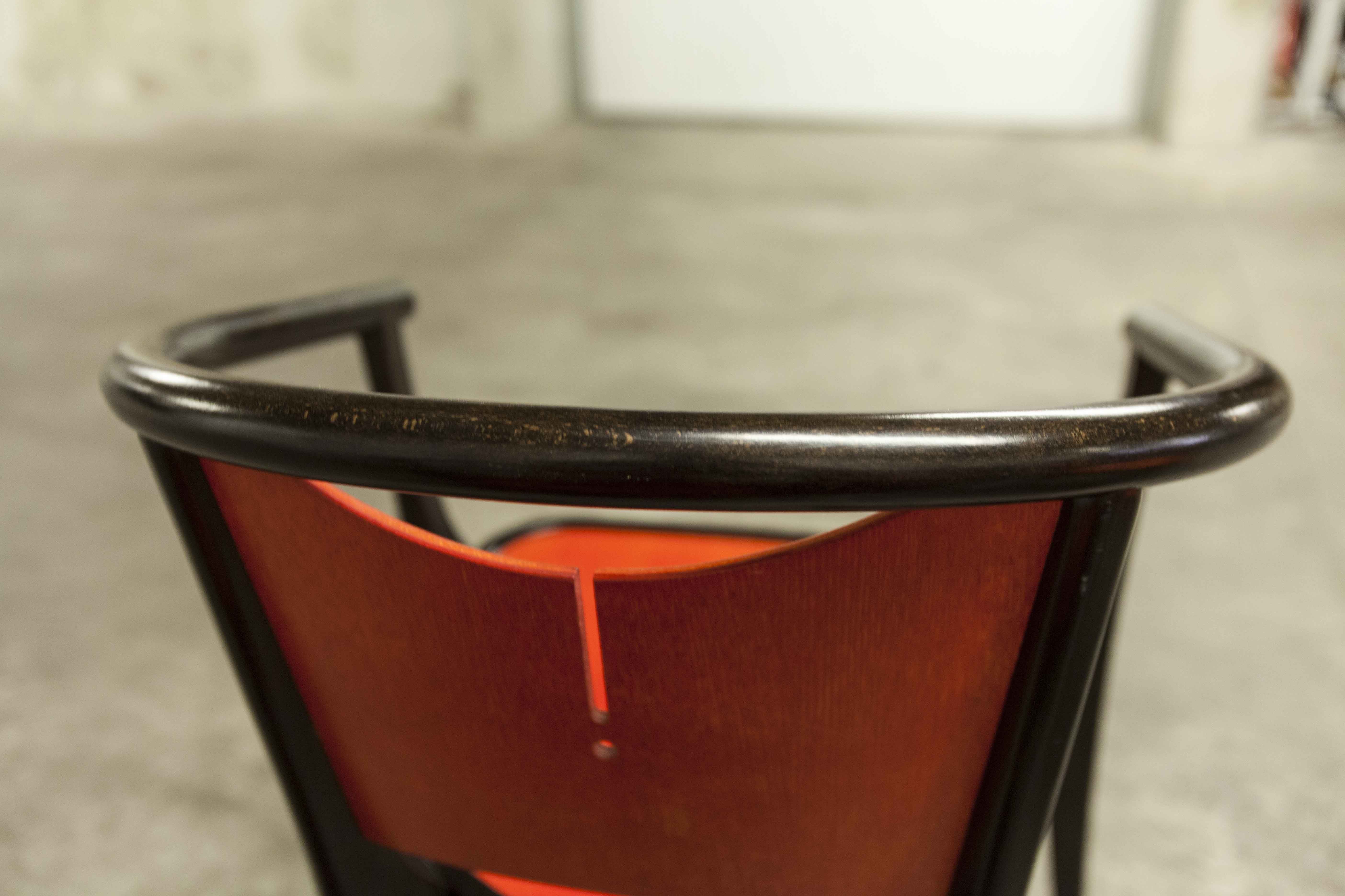 Table and 6 armchairs Baumann Diese, design Pagnon Pelhaître, Wenge color and red,