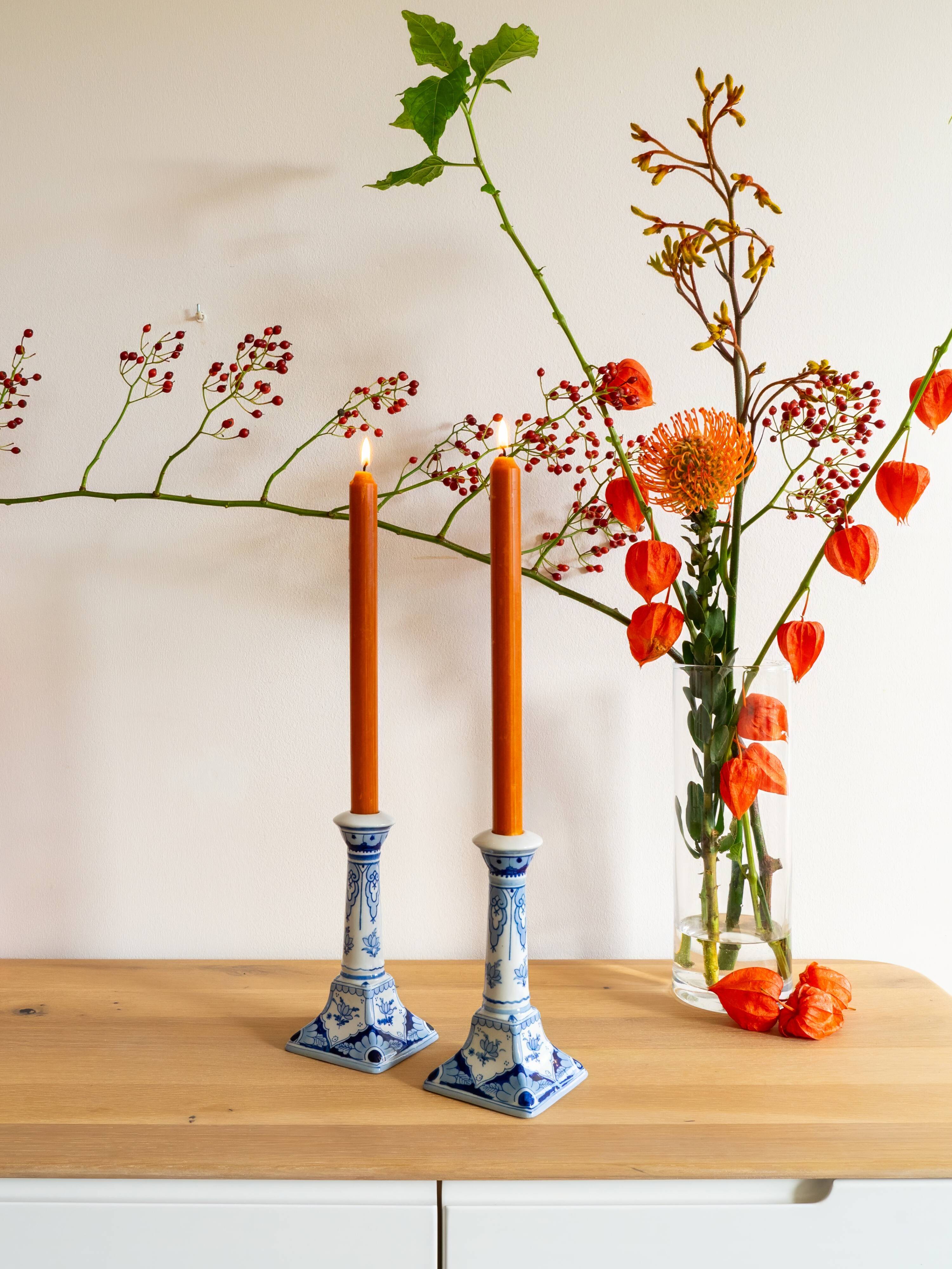 Pair of Royal Delft Blue and White Hand-Painted Ceramic Candlesticks
