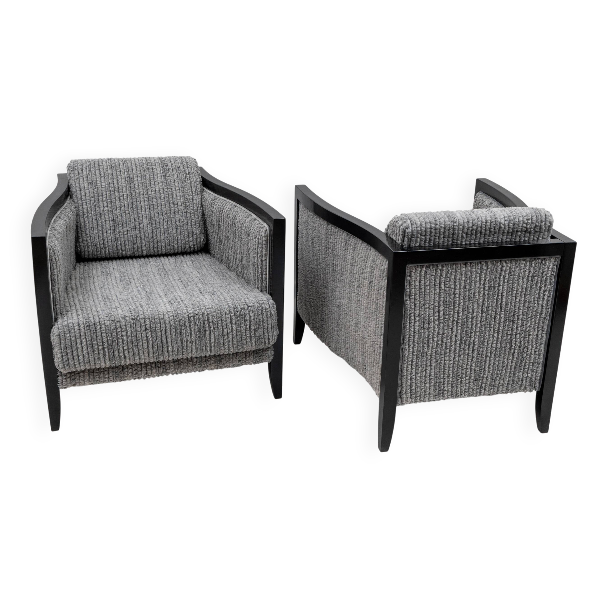 Paire de fauteuils Art Déco italiens en bois laqué noir et velours côtelé