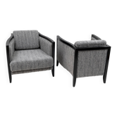 Pair of Italian Art Deco Armchairs Black Lacquered Wood and Ribbed Velvet