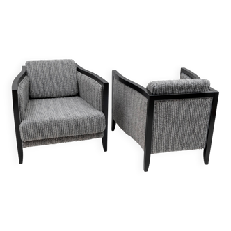 Pair of Italian Art Deco Armchairs Black Lacquered Wood and Ribbed Velvet