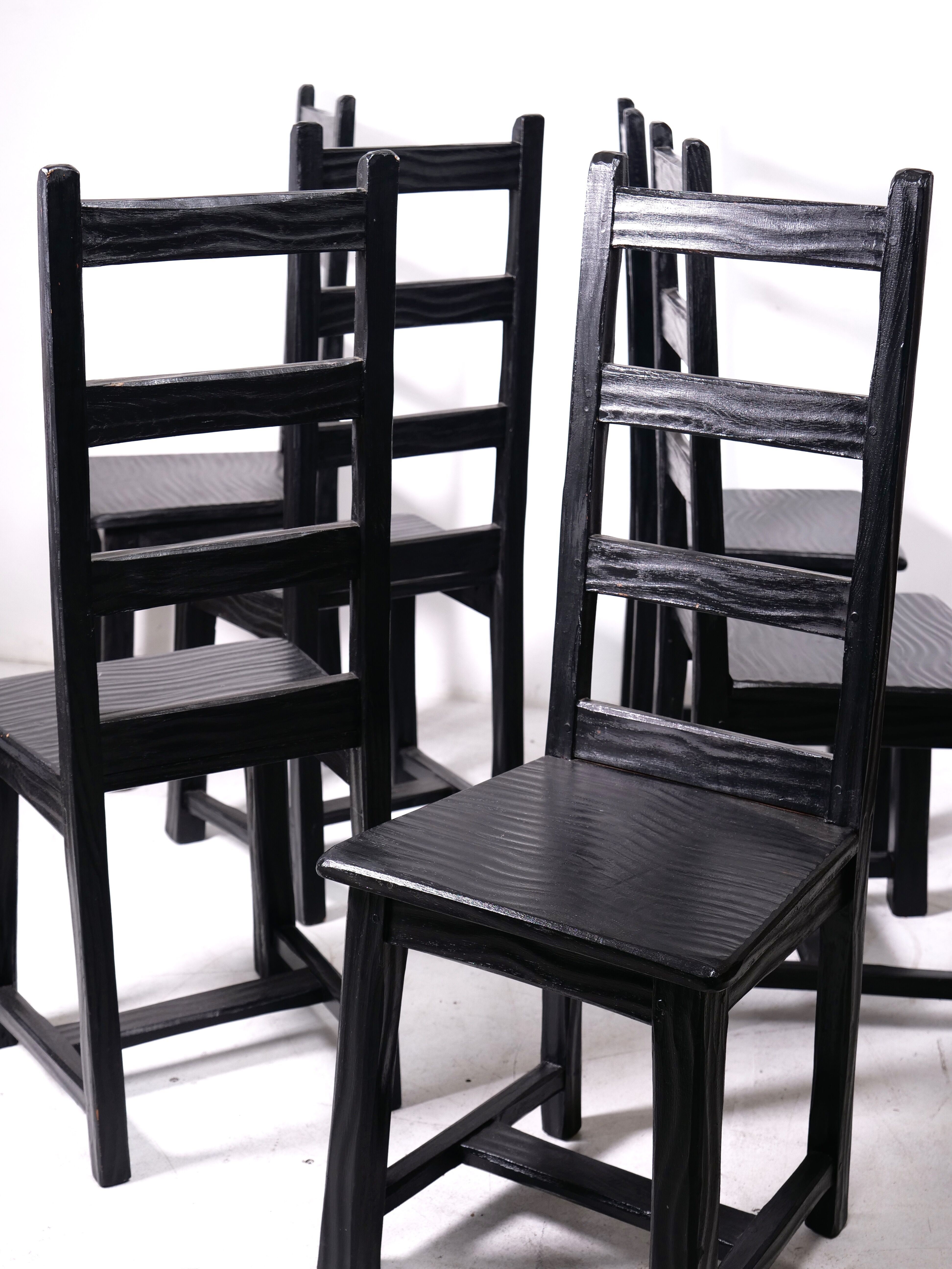 Set of 6 black brutalist chairs in solid oak