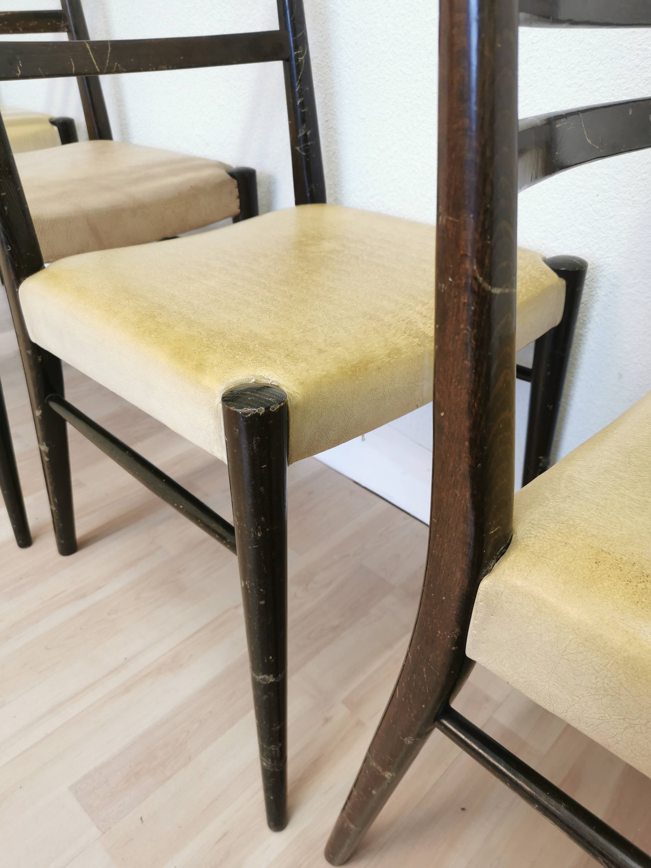 Set of 4 Vintage Wooden Dining Chairs: Beige Faux Leather, Mid-Century Retro