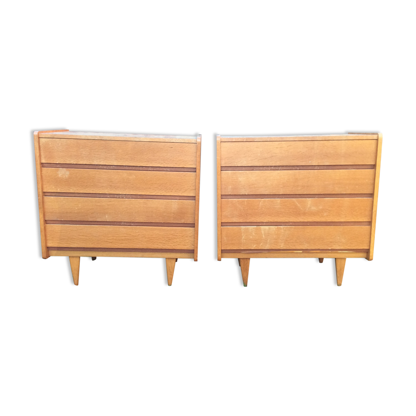 Vintage commodes (duo) in oak with 4 drawers.