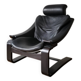 Fauteuil Kroken cuir, design Ake Fribytter, Nelo Mobelfabrik Suède