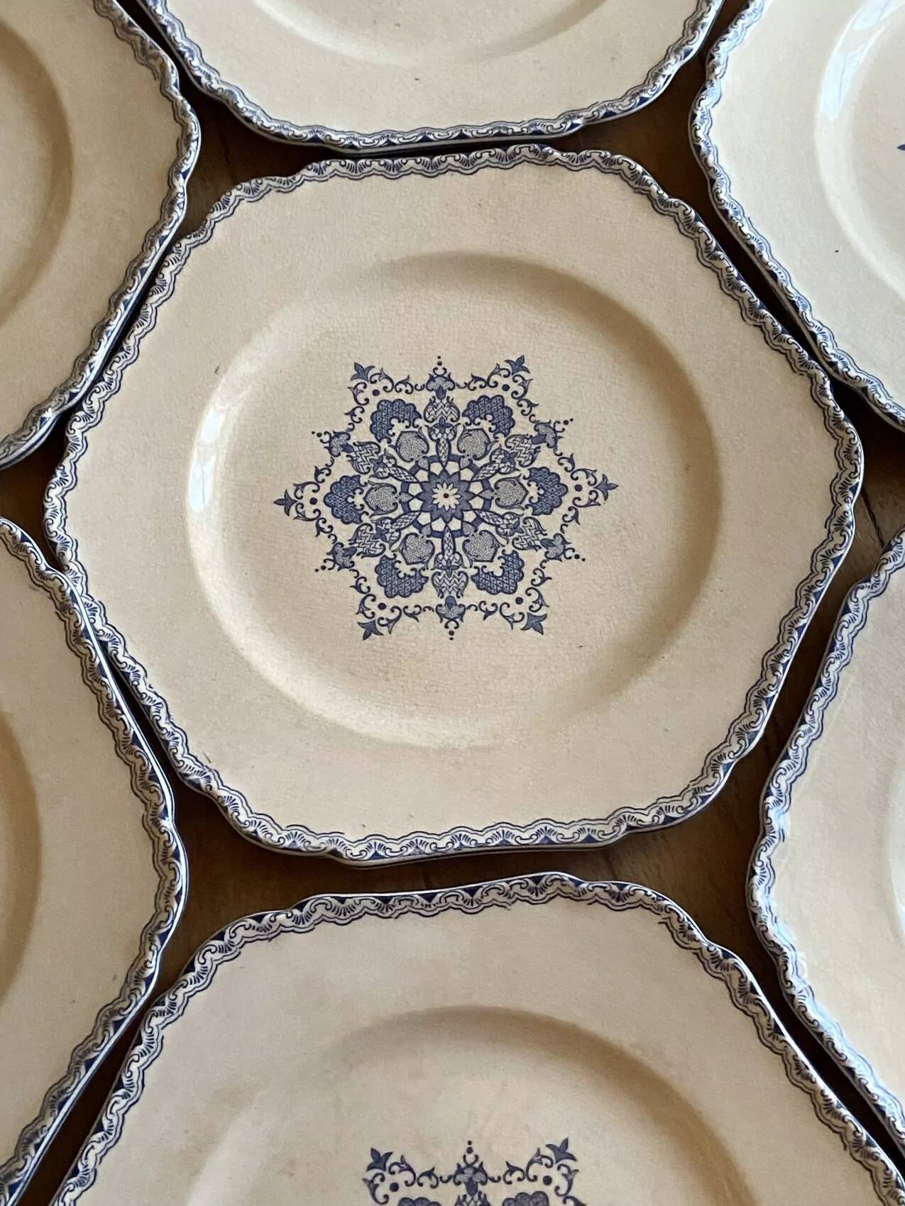 Set of 10 antique 6-sided flat plates – late 19th century earthenware, oriental light blue decor