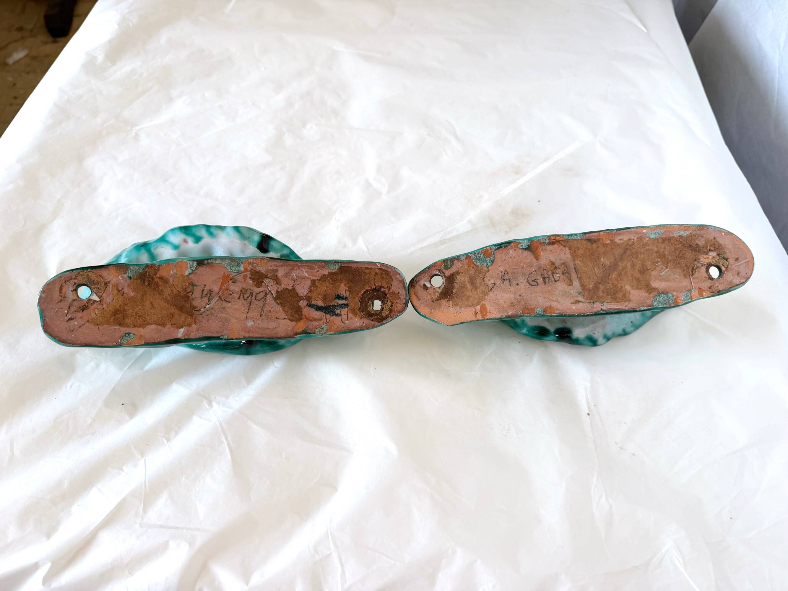 xPair of Handcrafted Teal Enameled Door Handles by Gabbianelli, Albisola, I