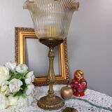 Table lamp with brass base, grooved transparent globe, vintage