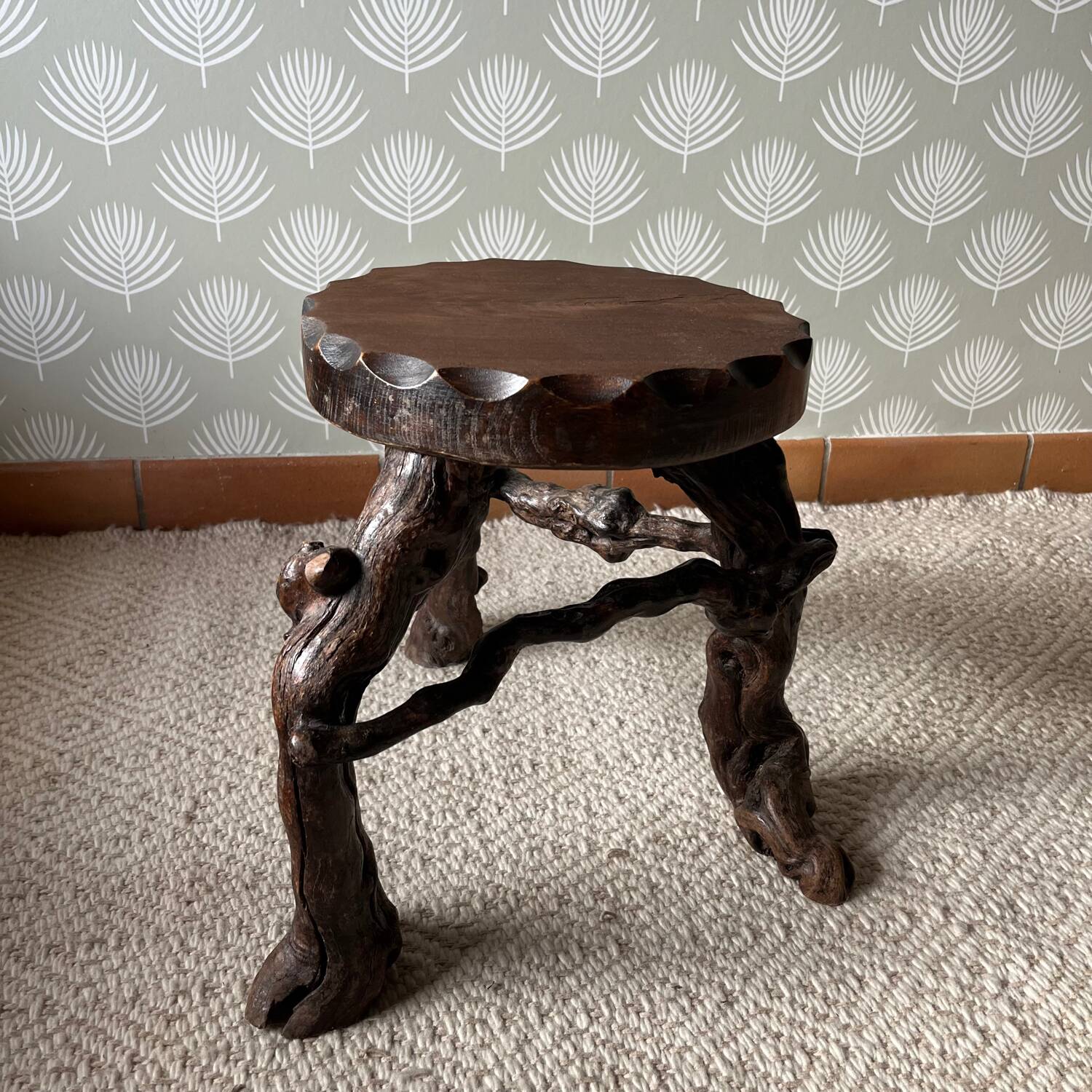 Brutalist tripod stool, vine legs, 1950s