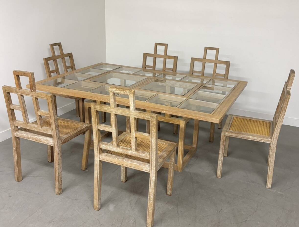 Ensemble 6 chaises et table à manger en chêne cérusé, 1980
