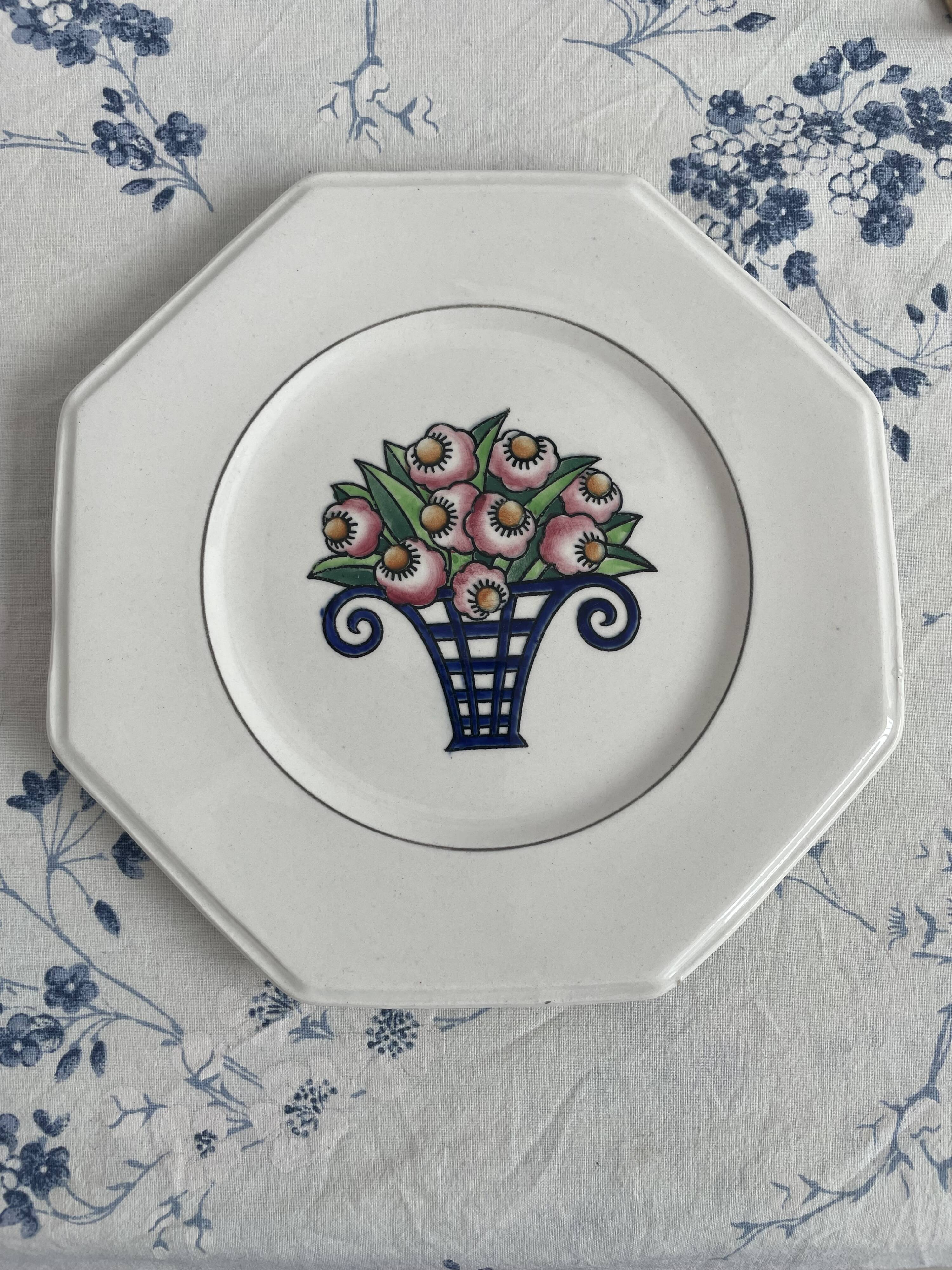 Longwy Service of 6 Octagonal Plates, 1927–1928, Art Deco, stamped