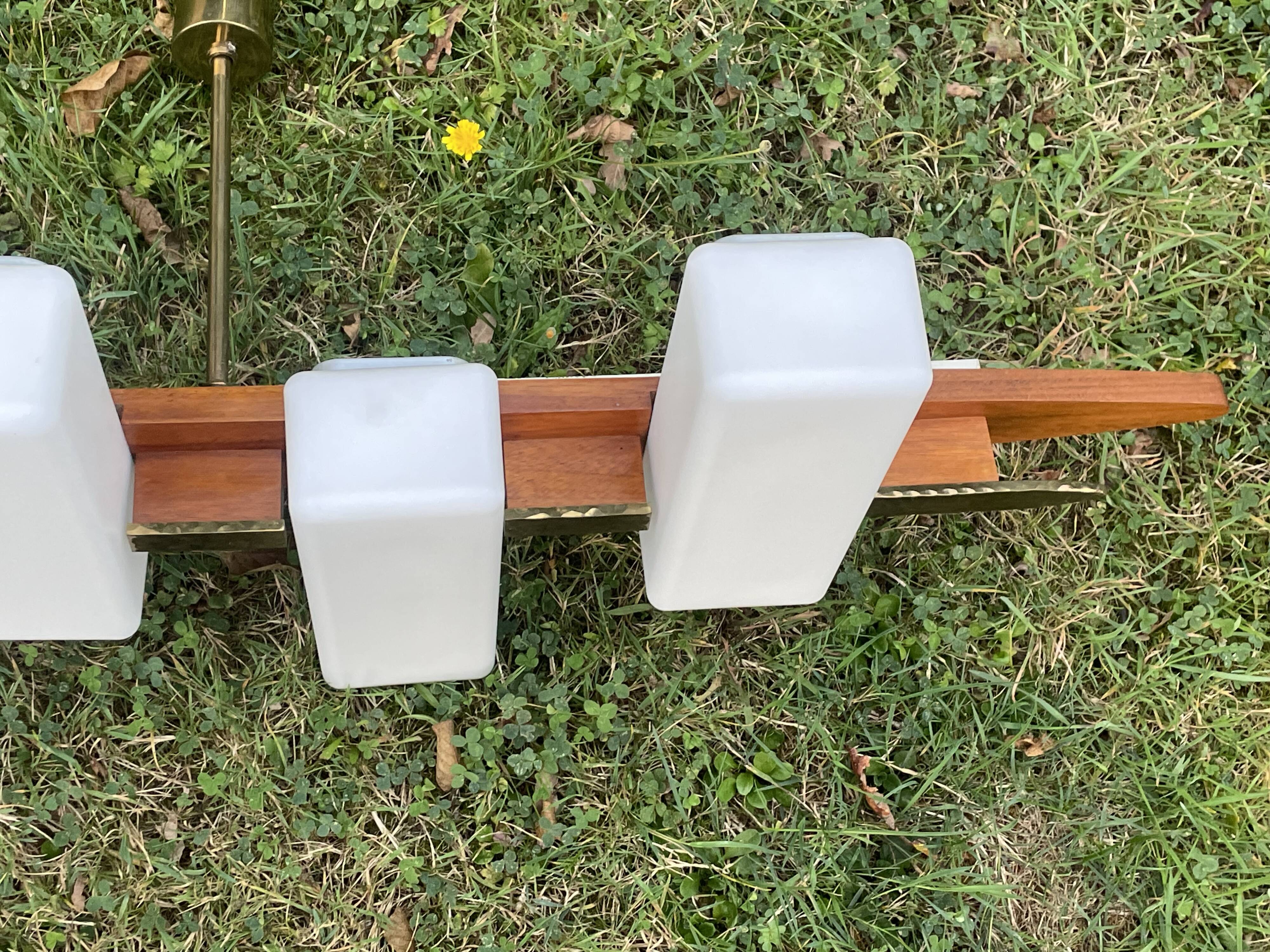 Scandinavian chandelier, brass, precious wood, 4 lights, shuttle 102 x 35 x 9 cm