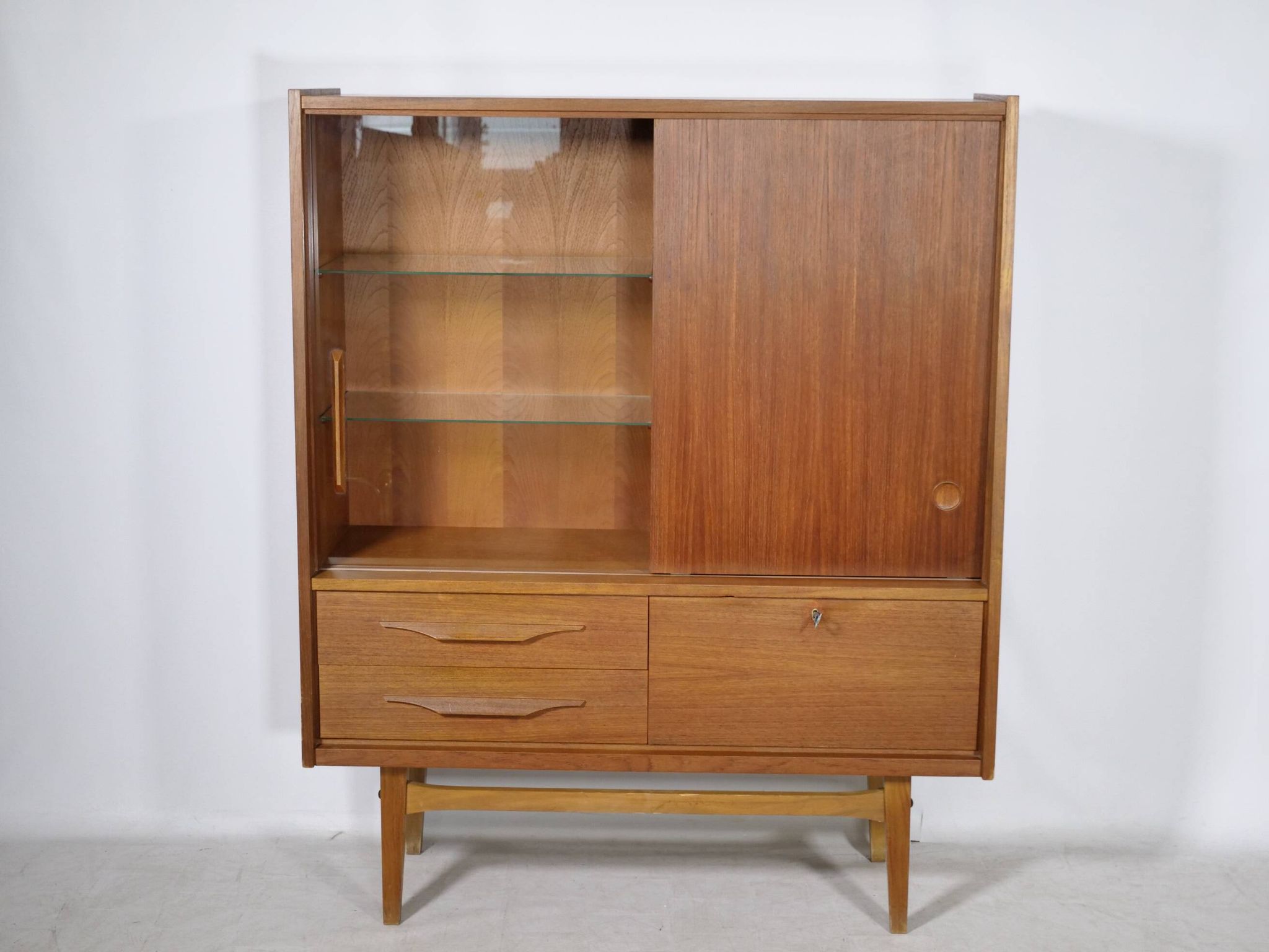 Mid Century Teak Highboard with Glass Display Cabinet & Sliding Door, 1960s