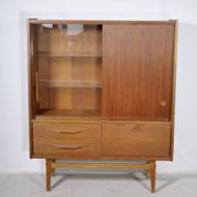 Mid Century Teak Highboard with Glass Display Cabinet & Sliding Door, 1960s