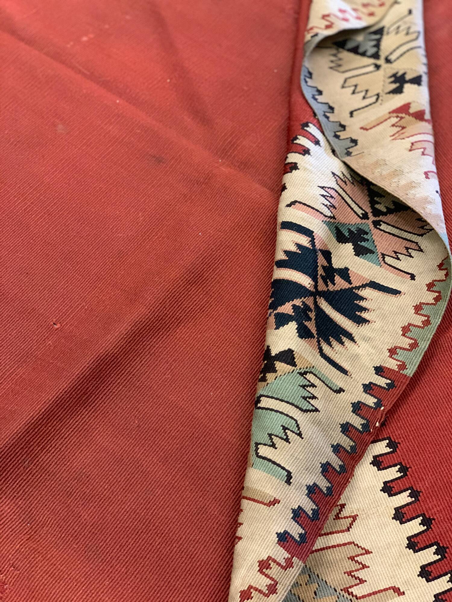 Antique 1900s Burgundy Kilim Rug, Square Wool Flatweave Carpet 143 x 161 cm