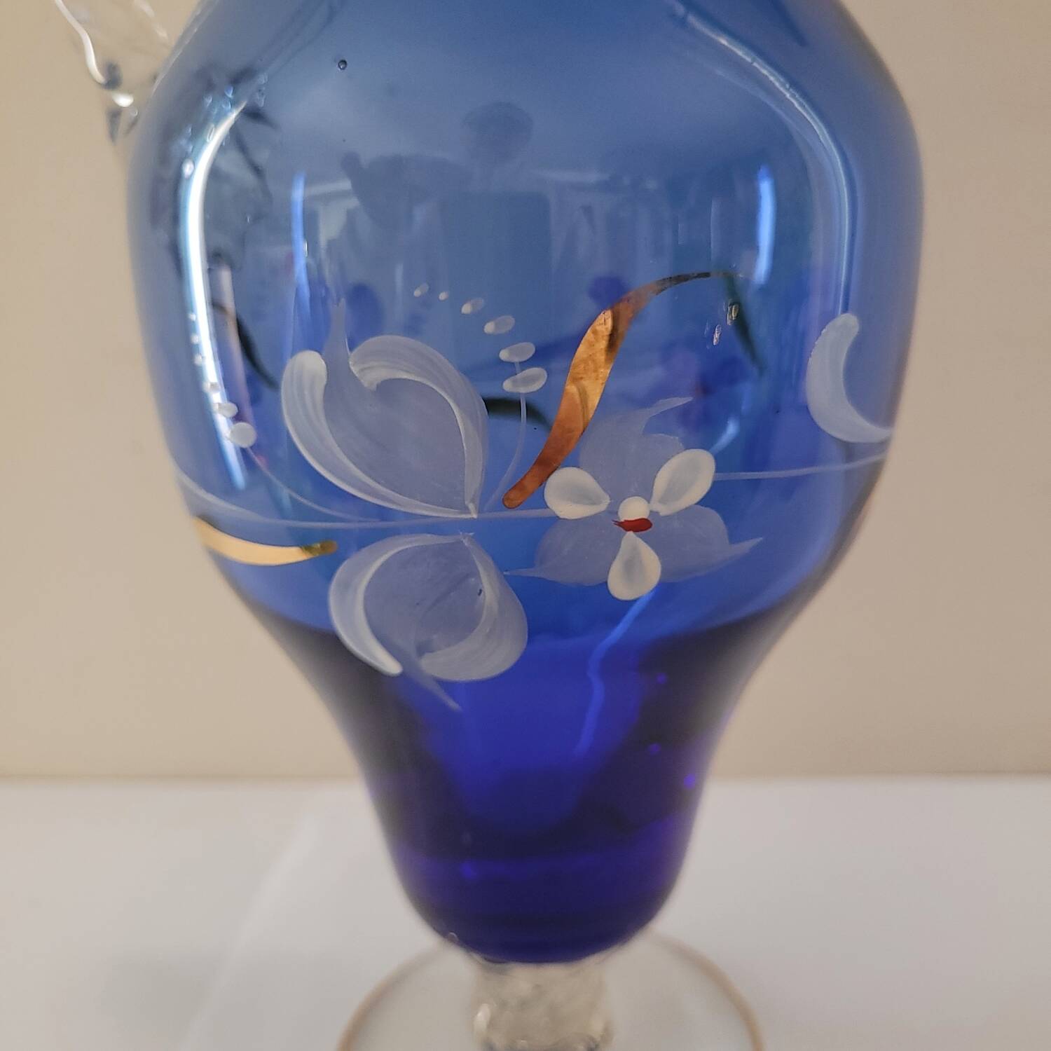 Ewer/pitcher, cobalt blue glass, enameled with flowers, 1950s-60s