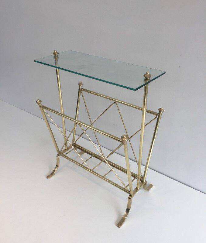 Porte-revues de style néoclassique en laiton et tablette en verre de la Maison Jansen