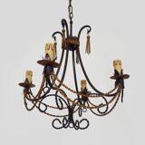 Vintage 4-arm, 4-light chandelier from the 1980s. Brown and gold metal.