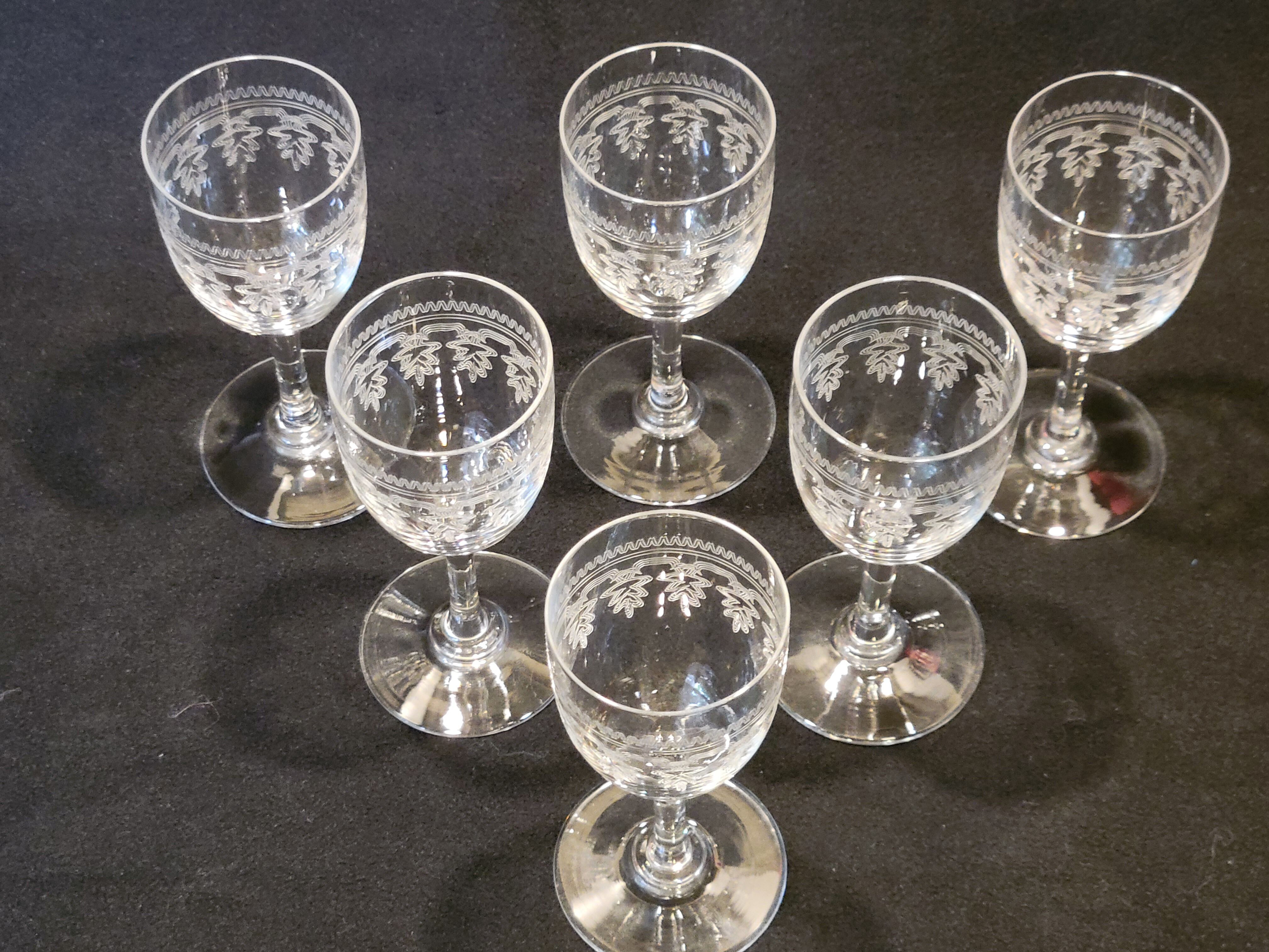 6 old glasses with engraved baccarat crystal wine stems