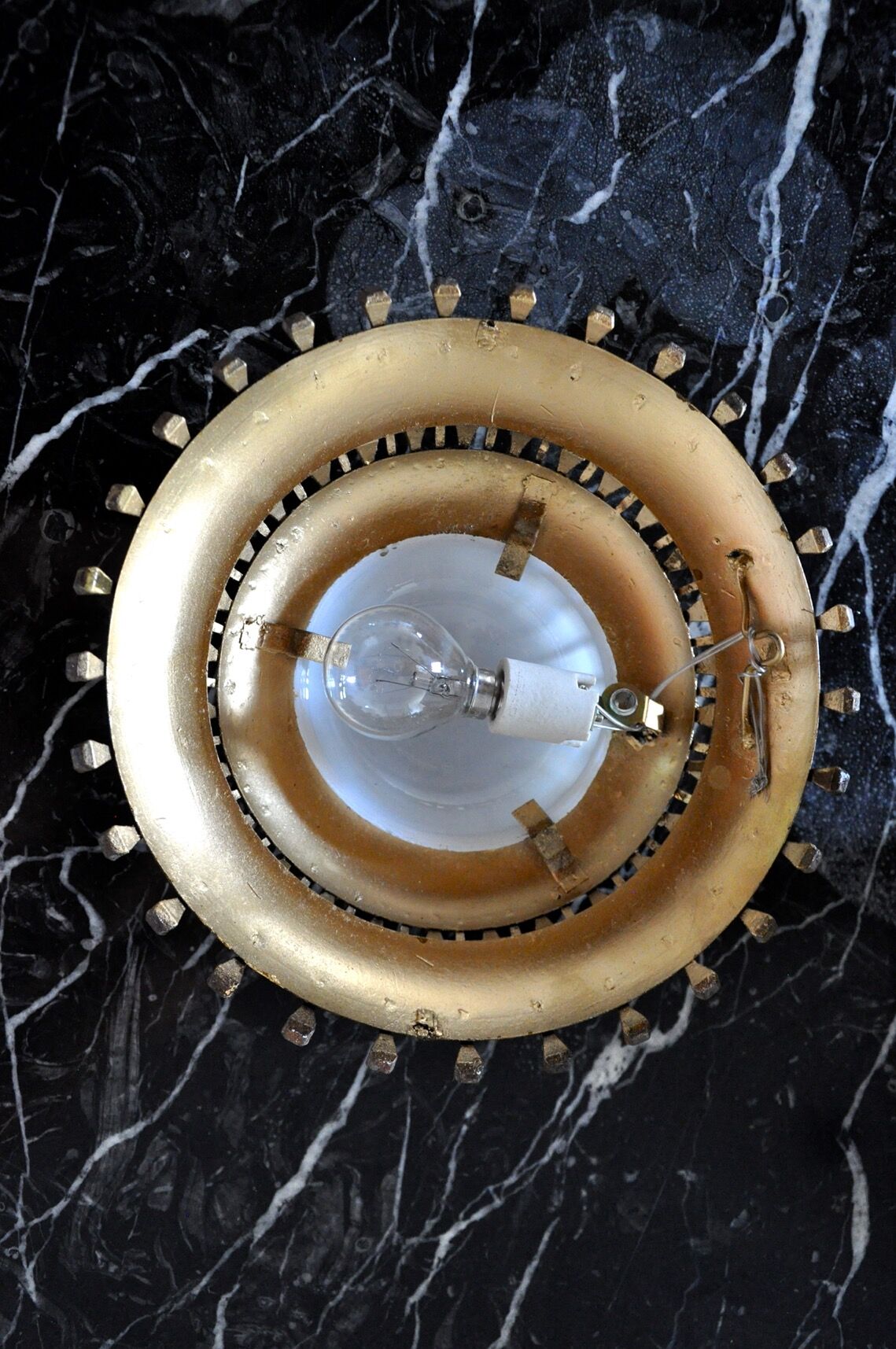 Midcentury brutalist sun wall lamp, metal and gold leaf, Italy