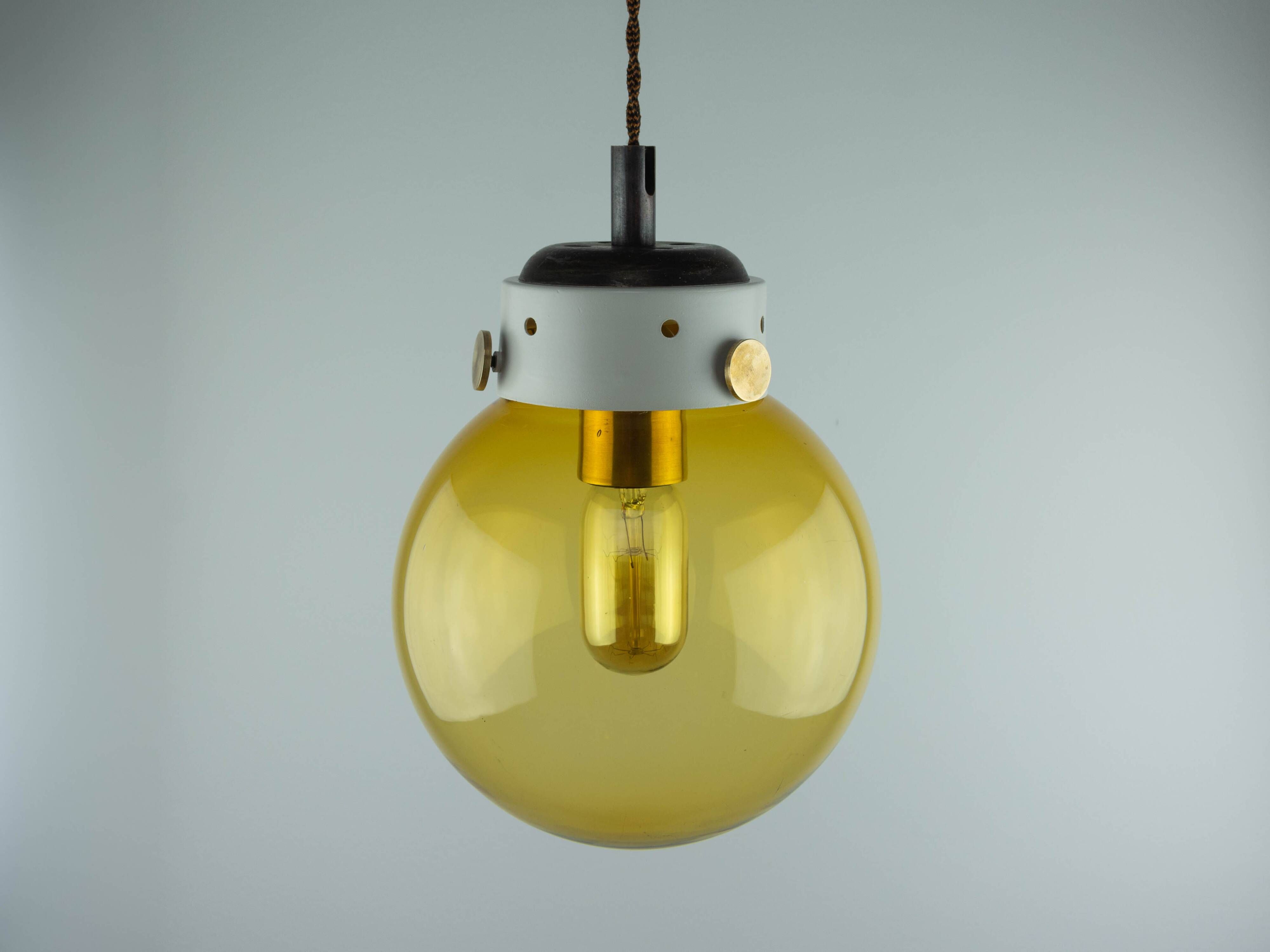 Vintage Mid-Century Modern Industrial Amber Glass And Brass Metal Lamp