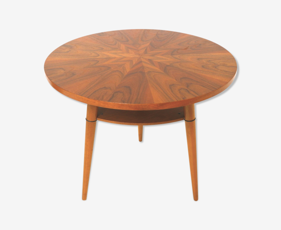 Round vintage side table with beautiful wood drawing made in the 1960s
